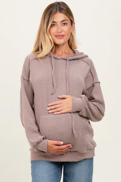 PinkBlush Mocha Long Sleeve Brushed Urban Rib Maternity Hoodie Top
