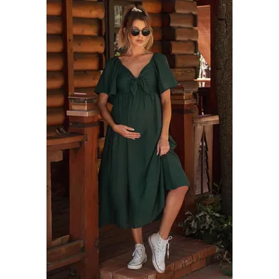 Target Pinkblush Hunter Green Front Tie Ruffle Sleeve Maternity Midi Dress Small
