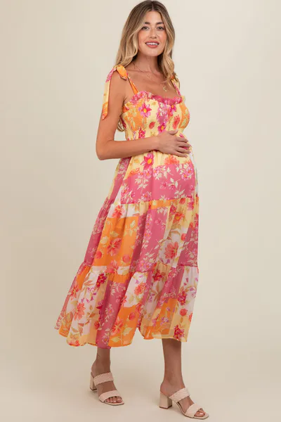 PinkBlush Ivory Floral Smocked Tiered Maternity Midi Dress