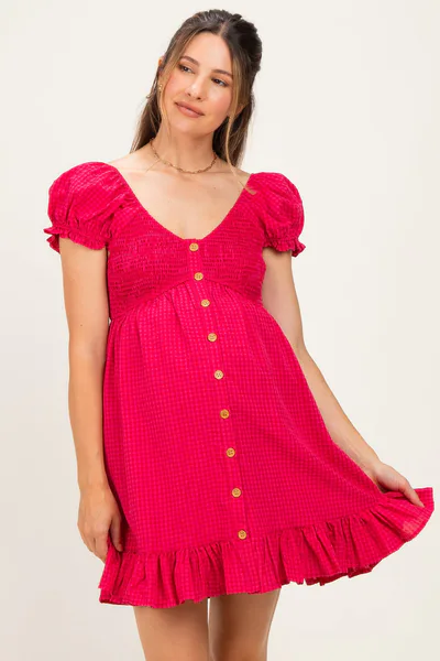 PinkBlush Fuchsia Gingham Button Accent Maternity Mini Dress