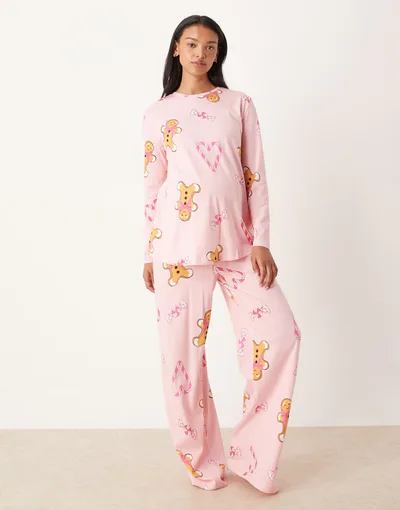 ASOS gingerbread & candy cane long sleeve top & pants pajama set in pink heather