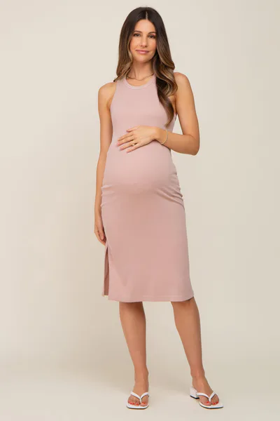 PinkBlush Mauve Ribbed Side Slit Maternity Midi Dress