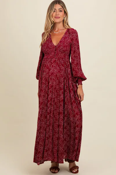 PinkBlush Burgundy Floral Smocked Button Detail Maternity Maxi Dress