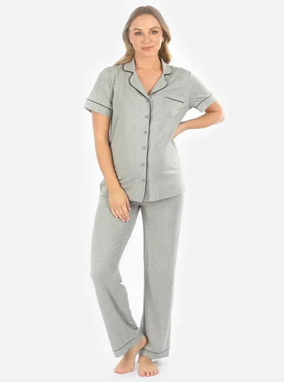 Angel Maternity Maternity and Nursing short Sleeve Pajama Set in Marl Grey Bamboo