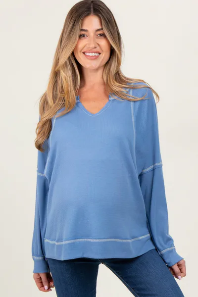 PinkBlush Light Blue Oversized V-Neck Waffle Knit Maternity Long Sleeve Top