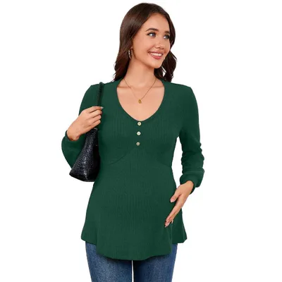 Target Coolmee Womens Maternity Tops Long Sleeve Pregnancy Tunic Blouses Button V Neck Ribbed Shirts Pregnant Clothes Dark Green XL