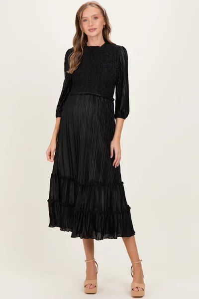 PinkBlush Black Pleated Satin Smocked Bodice Maternity Midi Dress