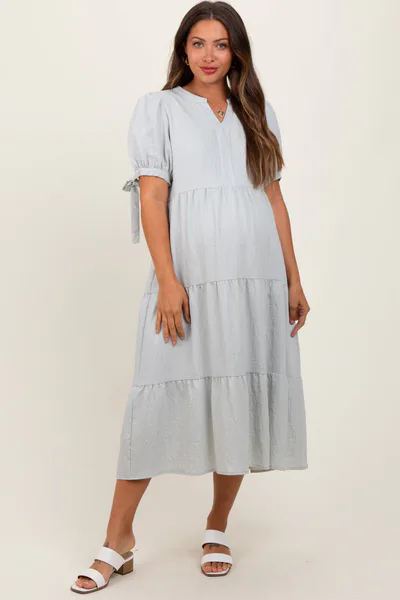 PinkBlush Light Blue Split V-Neck Sleeve Tie Tiered Maternity Midi Dress