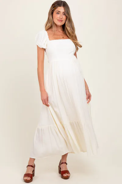 PinkBlush Ivory Ruffle Detail Square Neck Maternity Maxi Dress