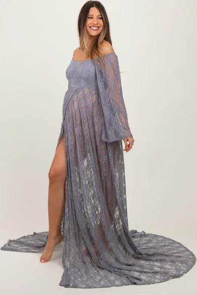 PinkBlush Gray Lace Long Sleeve Off Shoulder Slit Draped Maternity Photoshoot Dress