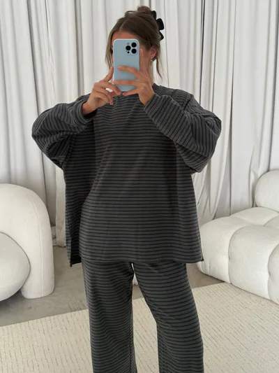 Worth Collective Naomi Double Stripe Fleece Oversized Long Sleeve Top in Navy/Green - Bump Friendly