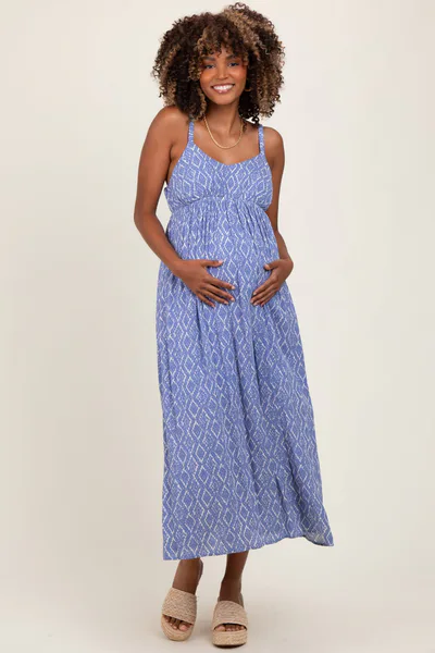 PinkBlush Blue Printed Sleeveless Maternity Midi Dress