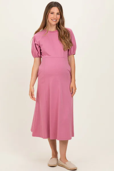 PinkBlush Pink Puff Sleeve Maternity Midi Dress