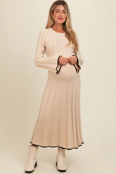 PinkBlush Cream Sweater Knit Bell Sleeve Back Cutout Maternity Maxi Dress