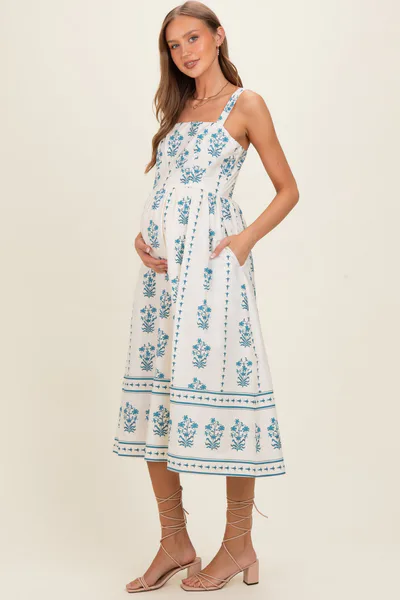 PinkBlush Cream Floral Square Neck Maternity Midi Dress