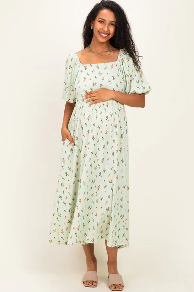 PinkBlush Sage Floral Square Neck Puff Sleeve Maternity Dress