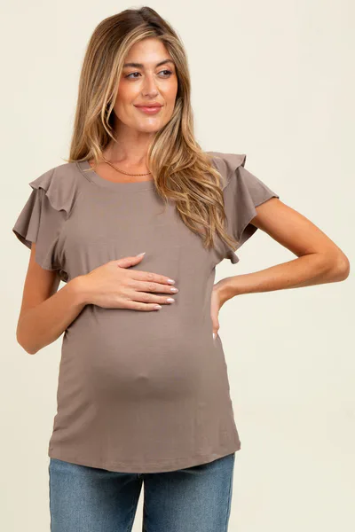 PinkBlush Taupe Double Ruffle Sleeve Maternity T-Shirt