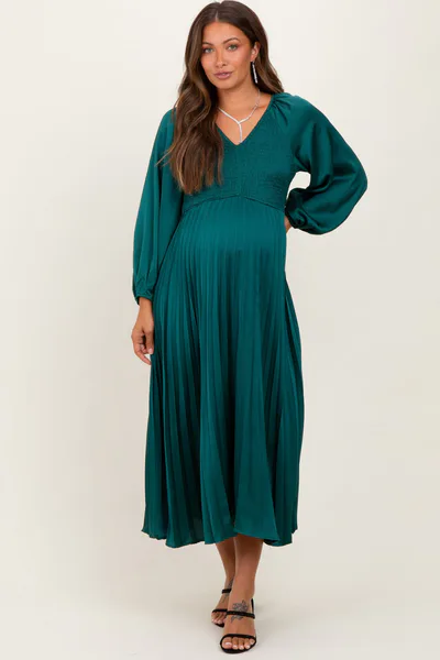 PinkBlush Forest Green Satin Smocked Pleated Maternity Midi Dress