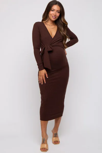 PinkBlush Brown Ribbed Long Sleeve Maternity Wrap Dress