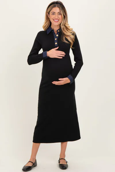 PinkBlush Black Denim Trim Maternity Knit Dress