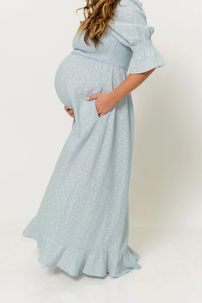 Worth Collective Sienna 100% Cotton Puff Sleeve Maxi Dress in Baby Blue Foliage - Bump Friendly