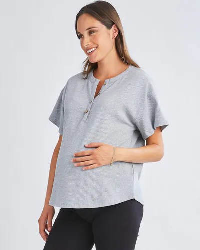 Angel Maternity Simple Classic Ribbed Button Short Sleeve Top In Flower Grey