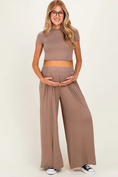 PinkBlush Dark Taupe Short Sleeve Crop Top Wide Leg Pant Maternity Set