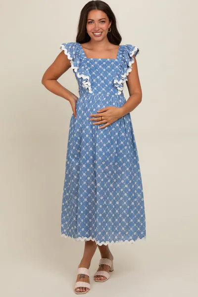 PinkBlush Blue Printed Ruffle Trim Maternity Maxi Dress