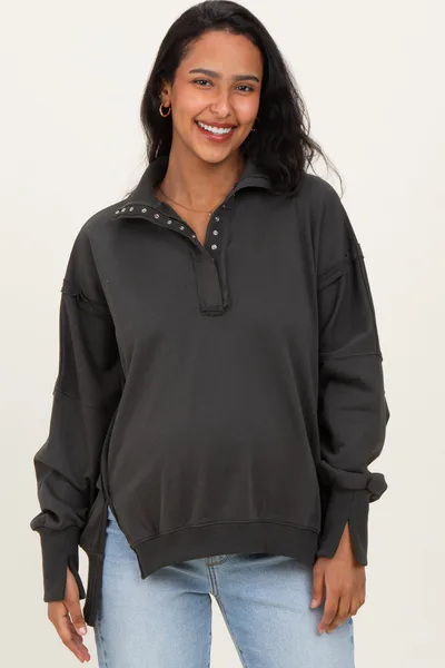 PinkBlush Charcoal Snap Button Pullover Henley Maternity Sweatshirt