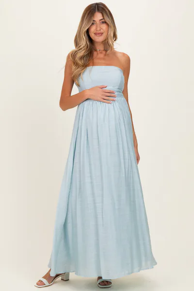 PinkBlush Light Blue Strapless Tie Back Maternity Maxi Dress