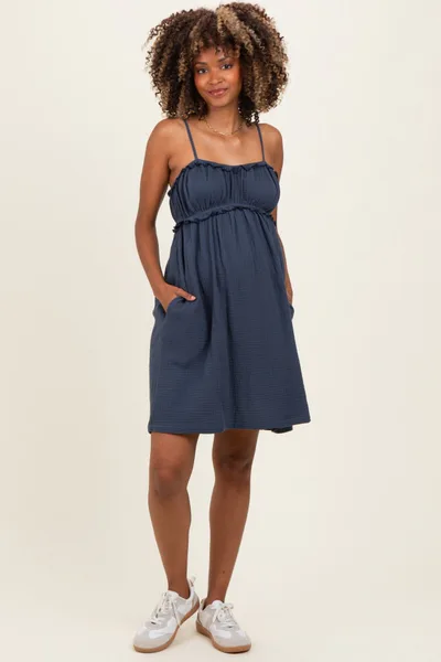 PinkBlush Navy Cotton Gauze Ruffle Shoulder Tie Maternity Mini Dress