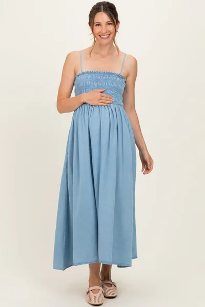 PinkBlush Light Chambray Smocked Maternity Midi Dress