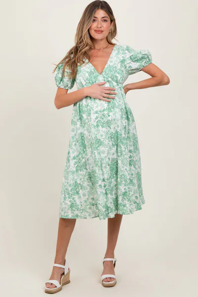 PinkBlush Green Floral Woven Short Sleeve Maternity Mini Dress