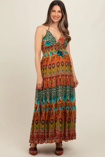 PinkBlush Green Damask Halter Maternity Maxi Dress