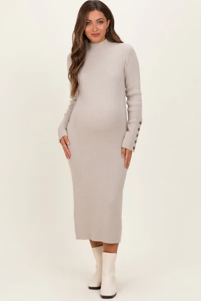 PinkBlush Heather Grey Button Sleeve Sweater Maternity Midi Dress