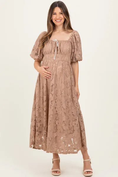 PinkBlush Mocha Lace Puff Sleeve Maternity Midi Dress