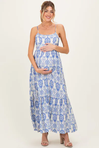 PinkBlush Blue Printed Cutout Tie Back Maternity Maxi Dress