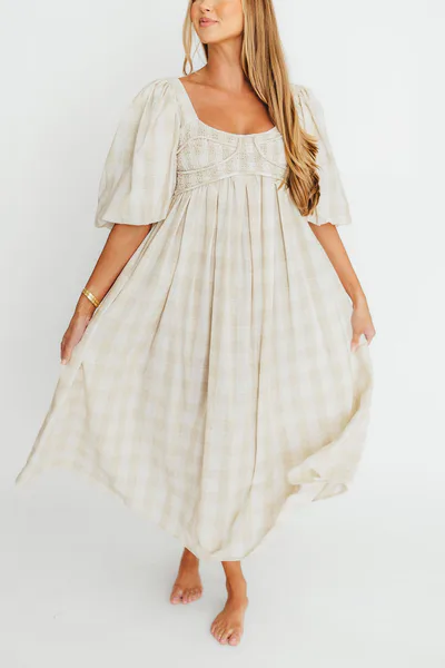 Worth Collective Harlow Maxi Dress in Natural Plaid - Bump Friendly