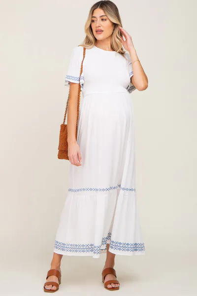 PinkBlush White Embroidered Accent Maternity Maxi Dress