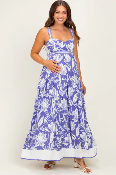 PinkBlush Indigo Mixed Floral Sleeveless Maternity Maxi Dress