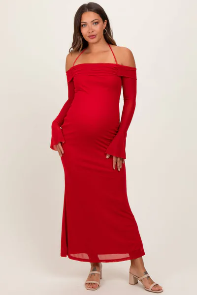 PinkBlush Red Halter Off Shoulder Mesh Maternity Maxi Dress