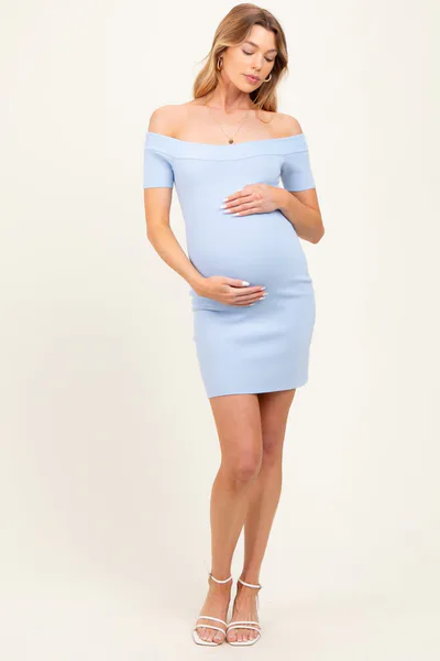 PinkBlush Light Blue Off Shoulder Knit Maternity Mini Dress