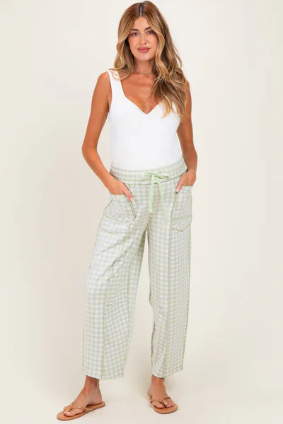 PinkBlush Light Sage Gingham Barrel Leg Maternity Pants