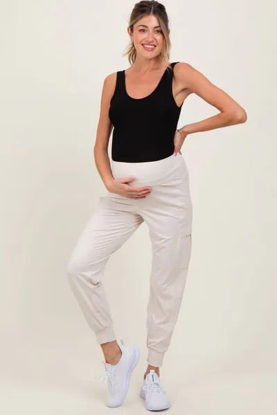 PinkBlush Cream Cargo Pocket Maternity Jogger Pants