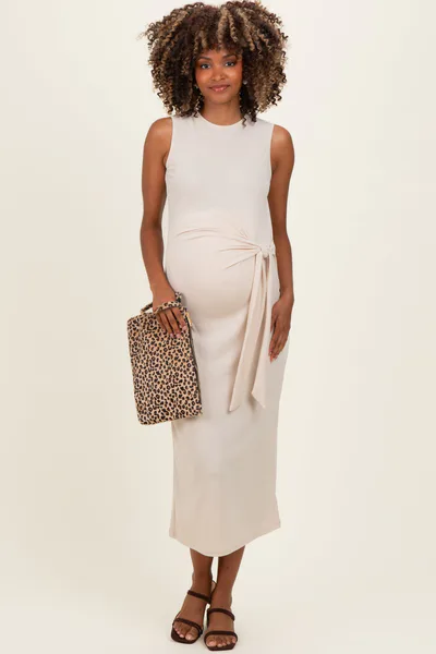 PinkBlush Beige Sleeveless Waist Tie Maternity Midi Dress