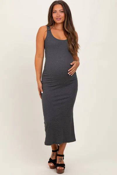 PinkBlush Charcoal Ribbed Basic Maternity Maxi Dress