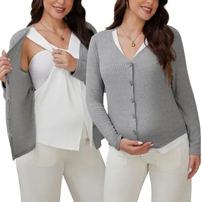 Target INSPIRE CHIC Womens Maternity Button Down Shirts Pregnancy Clothes Long Sleeve V Neck Faux 2-Piece Nursing Tops Large Gray