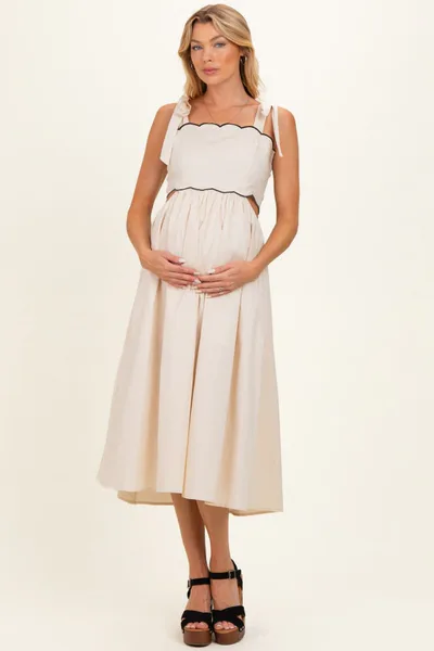 PinkBlush Cream Scallop Edge Side Cutout Maternity Midi Dress