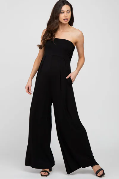 PinkBlush Black Strapless Wide Leg Maternity Jumpsuit