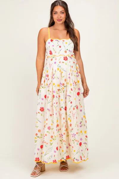 PinkBlush Yellow Daffodil Creme Floral Scalloped Contrast Maternity Maxi Dress
